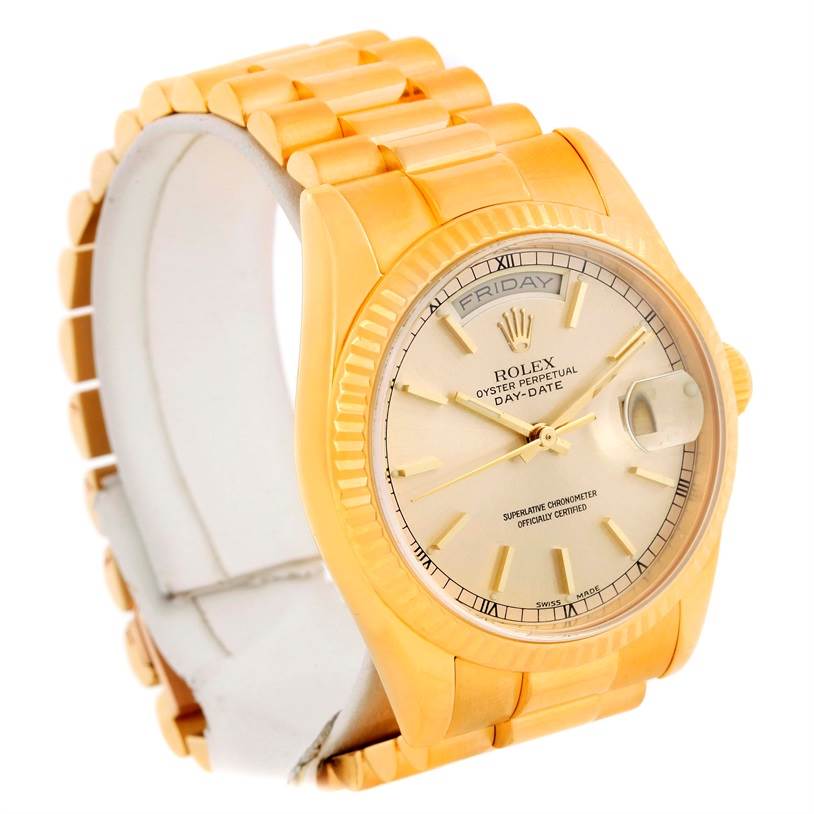 The image shows a Rolex President 118238 Men's Yellow Gold Silver Dial 118238 Men's Yellow Gold Silver Dial model watch at a slightly tilted front angle, highlighting its gold band, face, and date display.