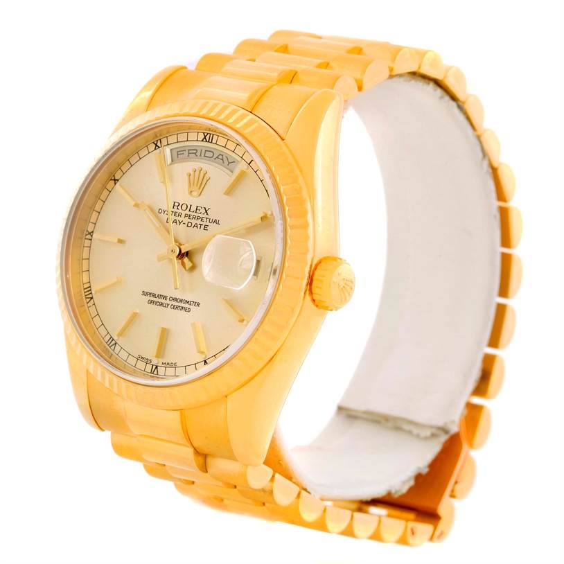 The image shows a Rolex President 118238 Men's Yellow Gold Silver Dial 118238 Men's Yellow Gold Silver Dial model watch at an angled front view, highlighting its face and bracelet.