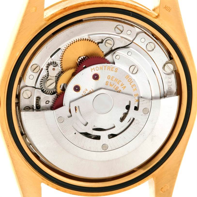 This image shows the inner mechanism and movement parts of a Rolex President 118238 Men's Yellow Gold Silver Dial 118238 Men's Yellow Gold Silver Dial model watch, viewed from the back.