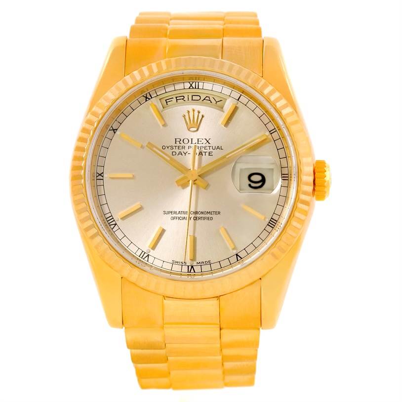This image shows a front view of the Rolex President 118238 Men's Yellow Gold Silver Dial 118238 Men's Yellow Gold Silver Dial model watch, including the dial, hands, bezel, case, and bracelet.
