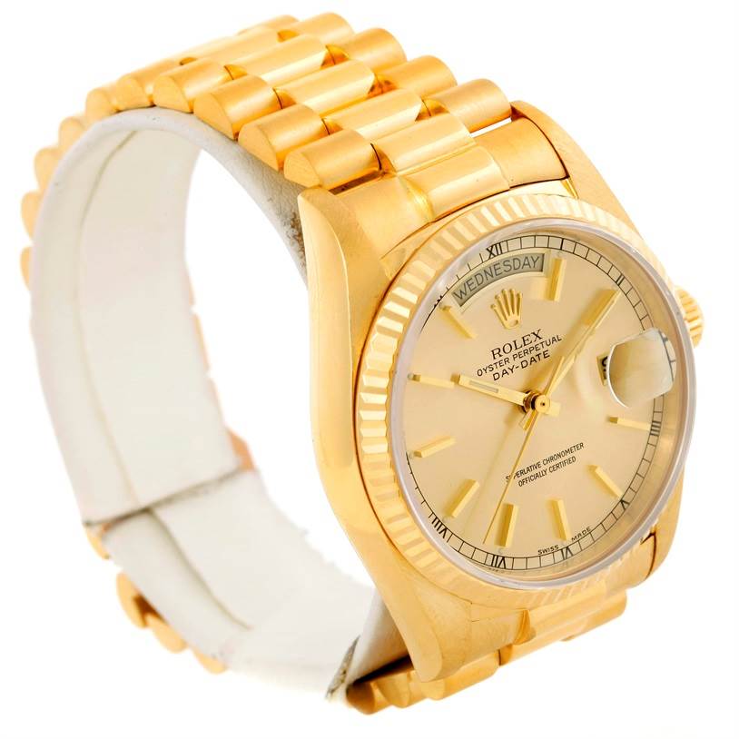 The image shows a Rolex President 18038 Men
s Yellow Gold Silver Dial 18038 Men
s Yellow Gold Silver Dial model watch at an angle highlighting the dial, bezel, and part of the bracelet.
