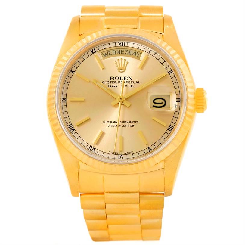 The image shows a front view of a Rolex President 18038 Men
s Yellow Gold Silver Dial 18038 Men
s Yellow Gold Silver Dial model watch, displaying the dial, bezel, bracelet, and crown.