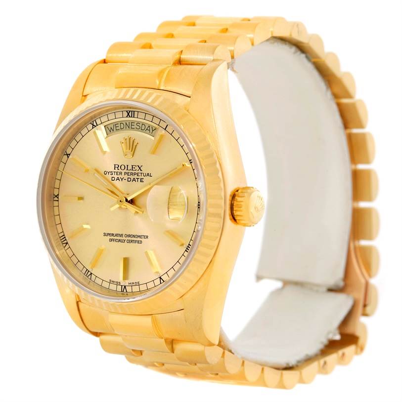 The image shows a Rolex President 18038 Men
s Yellow Gold Silver Dial 18038 Men
s Yellow Gold Silver Dial model watch from a front-side angle, highlighting the face, bezel, and bracelet.