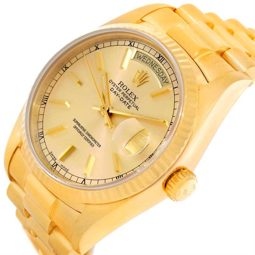 The image shows a close-up angle of the Rolex President 18038 Men
s Yellow Gold Silver Dial 18038 Men
s Yellow Gold Silver Dial model watch, highlighting its face, gold bezel, and partial bracelet.