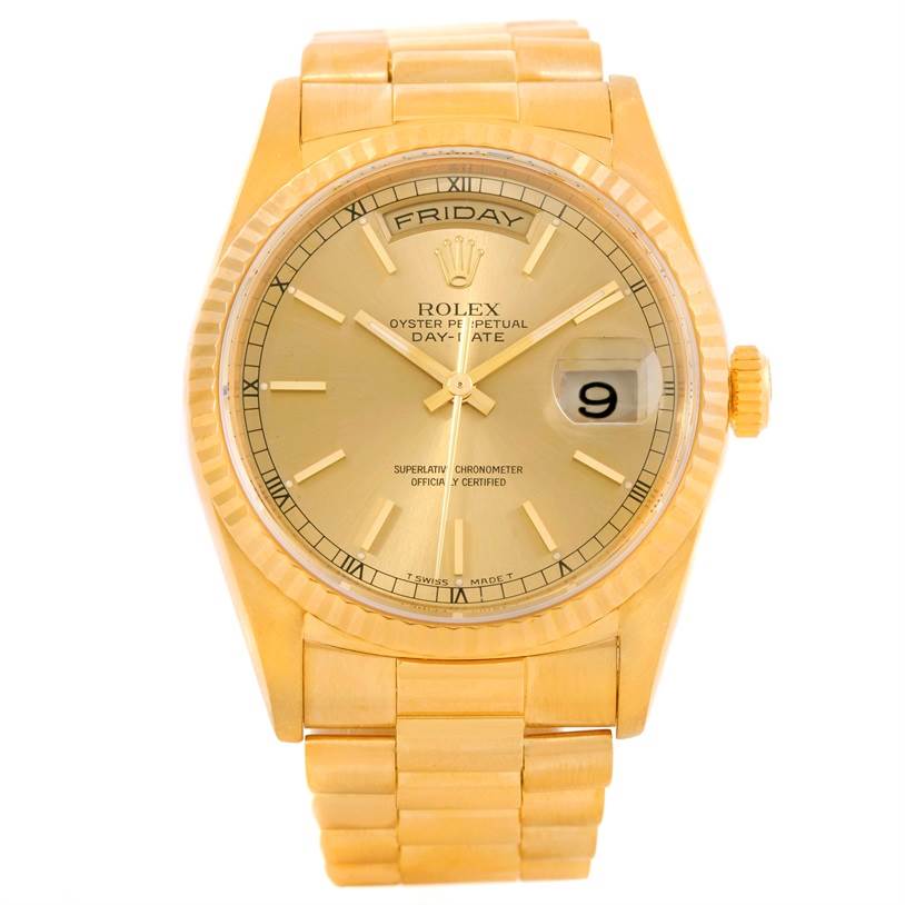 The image shows a front view of the Rolex President 18238 Men
s Yellow Gold Champagne Dial 18238 Men
s Yellow Gold Champagne Dial model watch, highlighting the dial, day-date display, and bracelet.