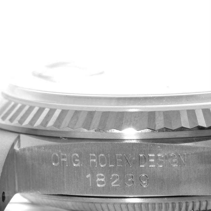 The image shows a close-up of the case side and bezel of a Rolex President 18239 Men's White Gold Silver Dial 18239 Men's White Gold Silver Dial model, with its model number 18239 engraved.