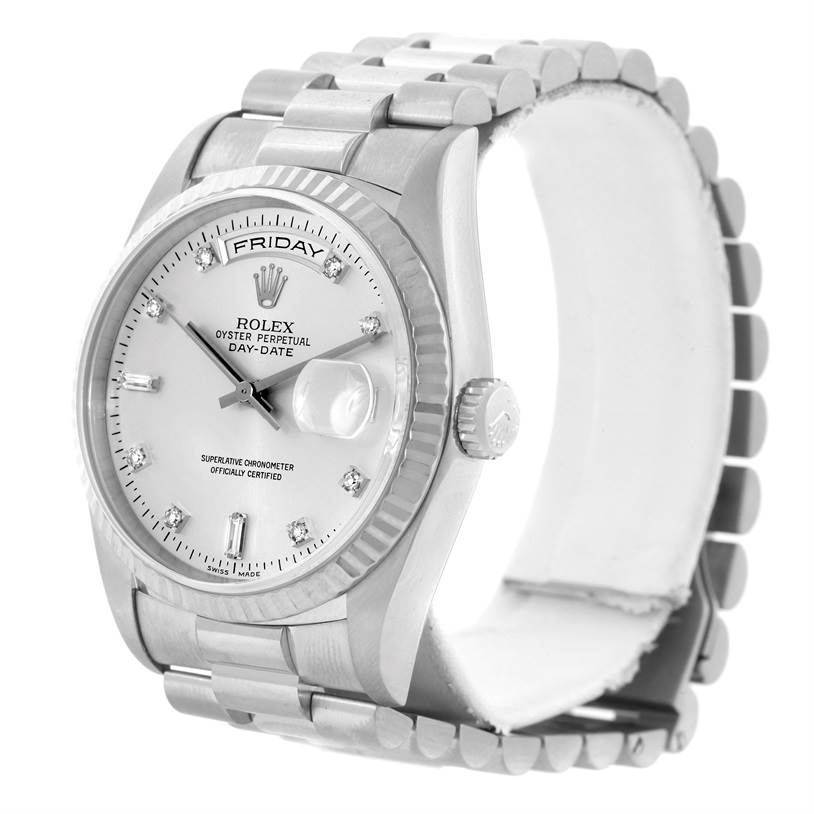 The image shows a frontal close-up of the Rolex President 18239 Men's White Gold Silver Dial 18239 Men's White Gold Silver Dial watch model, highlighting the dial, bezel, crown, and bracelet.