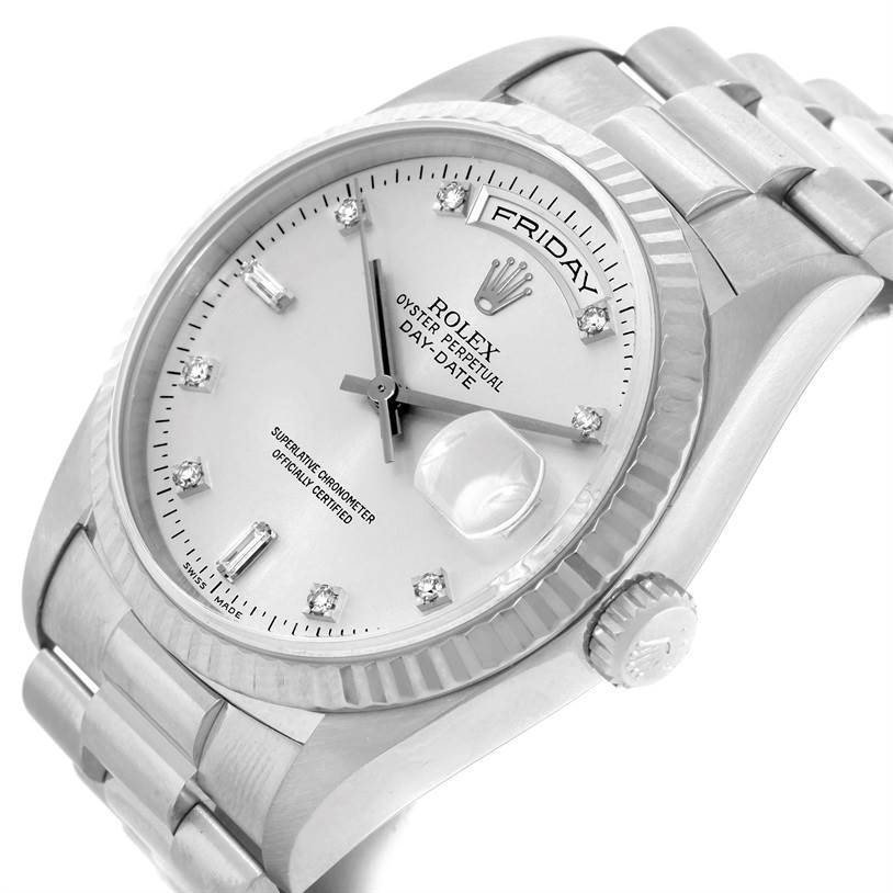 The Rolex President 18239 Men's White Gold Silver Dial 18239 Men's White Gold Silver Dial model watch is shown at a slight angle, showcasing the dial, crown, day/date feature, and bracelet.
