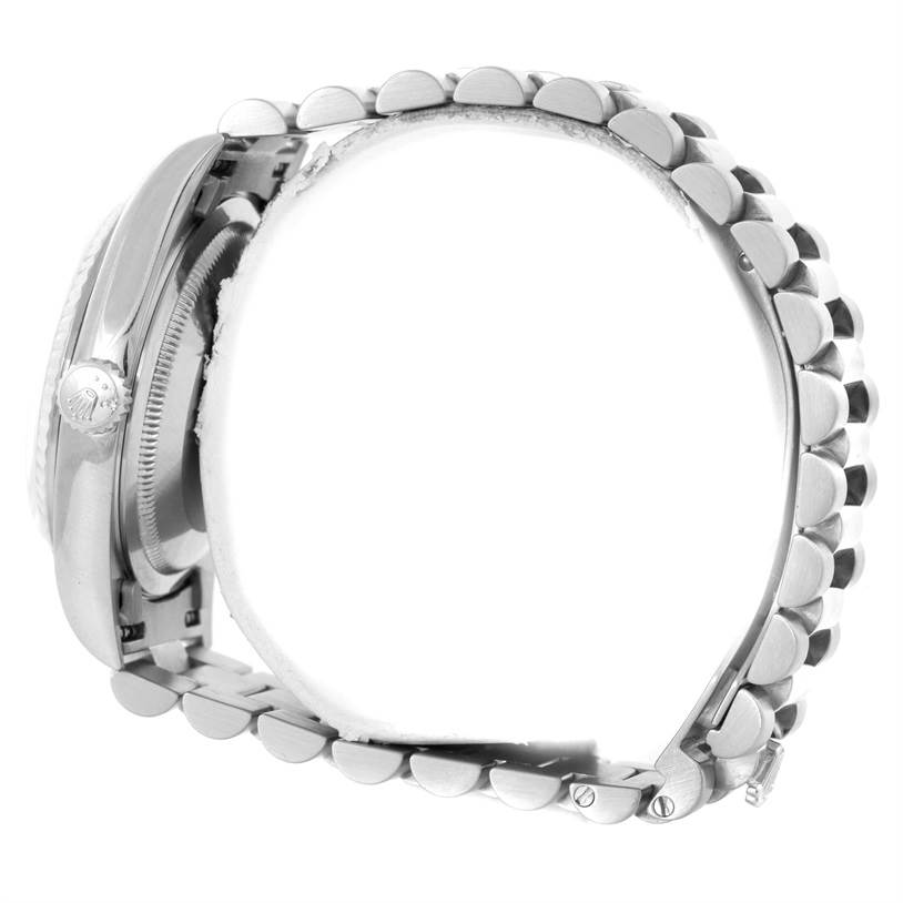 The image shows a side view of the Rolex President 18239 Men's White Gold Silver Dial 18239 Men's White Gold Silver Dial model watch, highlighting the bracelet and the crown.