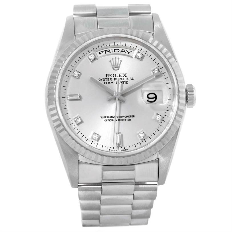 The Rolex President 18239 Men's White Gold Silver Dial 18239 Men's White Gold Silver Dial model watch is shown from a front angle highlighting its dial, bezel, bracelet, and crown.