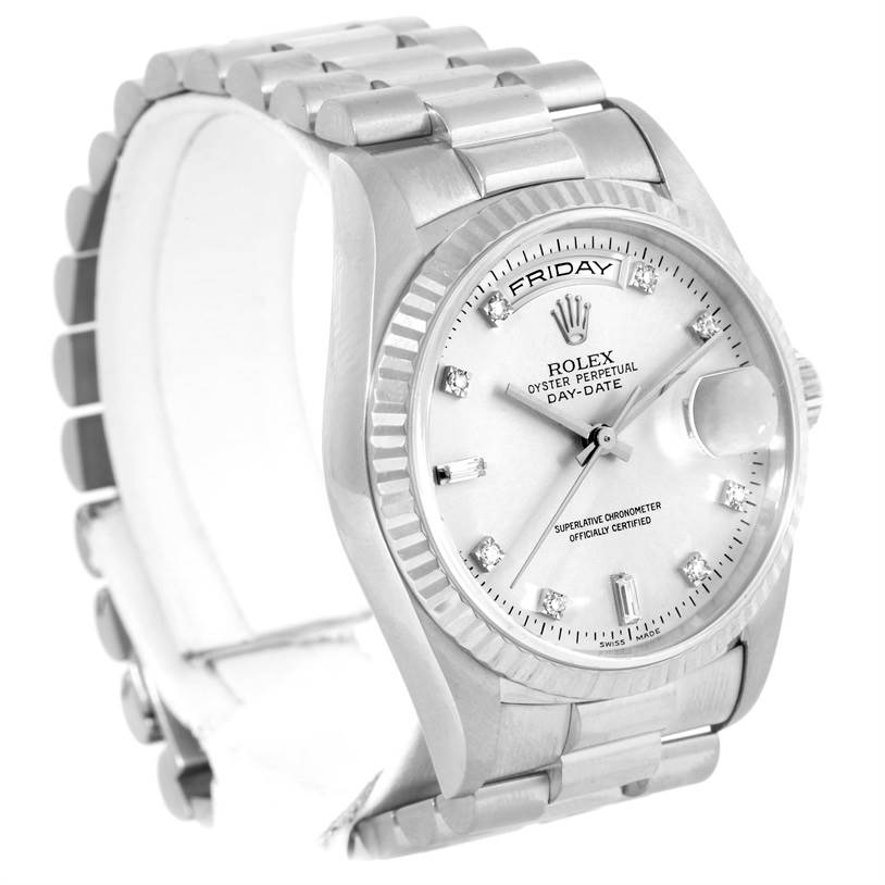 The image shows a Rolex President 18239 Men's White Gold Silver Dial 18239 Men's White Gold Silver Dial model watch at a three-quarter angle, displaying the face, bracelet, and part of the case.