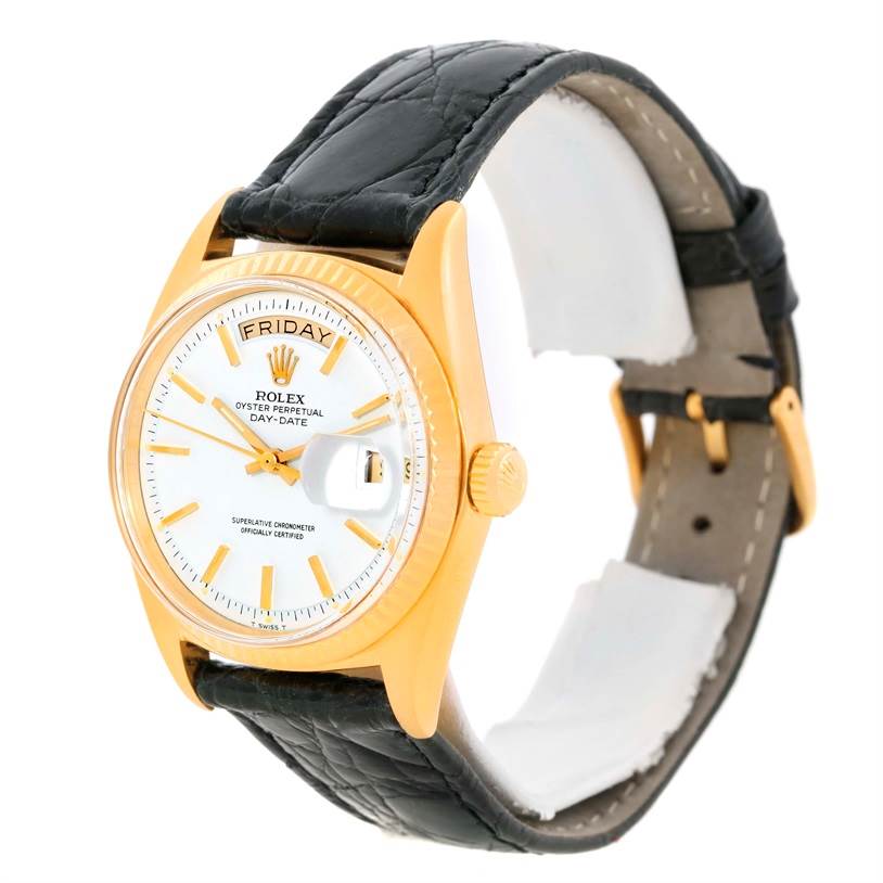 This Rolex President 1803 Men
s Yellow Gold White Dial 1803 Men
s Yellow Gold White Dial model watch is shown from a three-quarter angle, highlighting the face, bezel, crown, and leather strap.