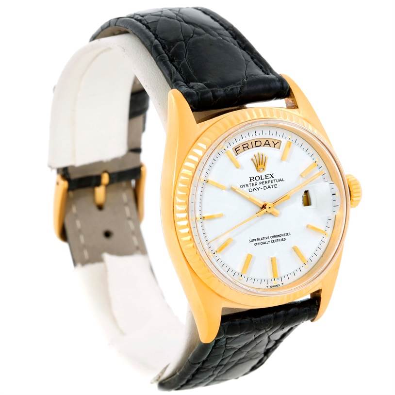 The Rolex President 1803 Men
s Yellow Gold White Dial 1803 Men
s Yellow Gold White Dial model watch is shown at a three-quarter angle, highlighting its face, bezel, and strap.