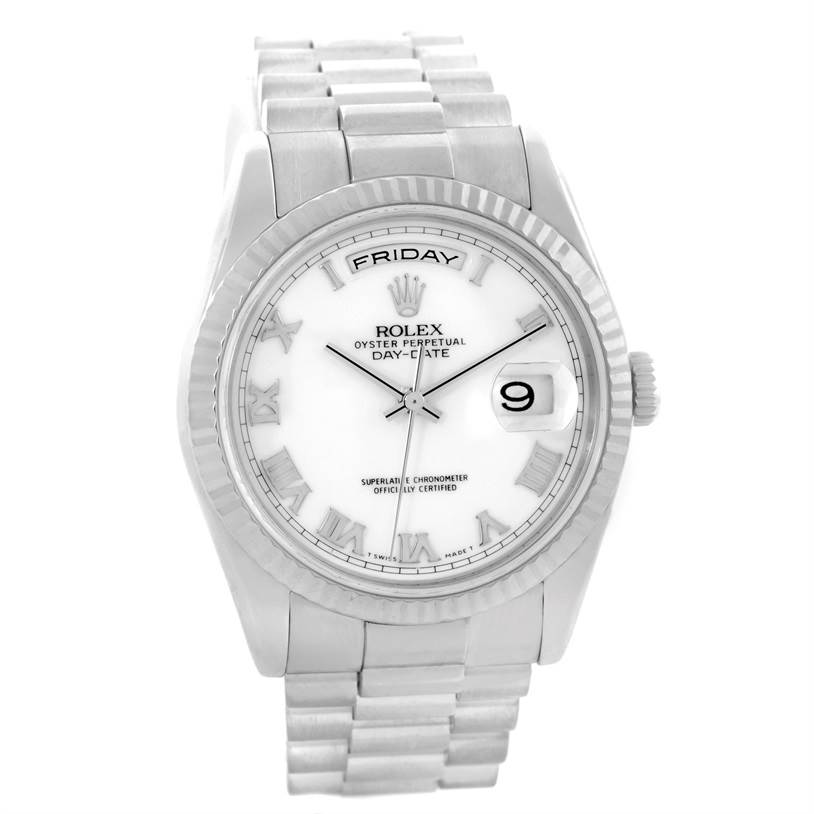 The image shows a frontal view of the Rolex President 118239 Men's White Gold White Dial 118239 Men's White Gold White Dial model watch, highlighting the dial, bezel, and bracelet.