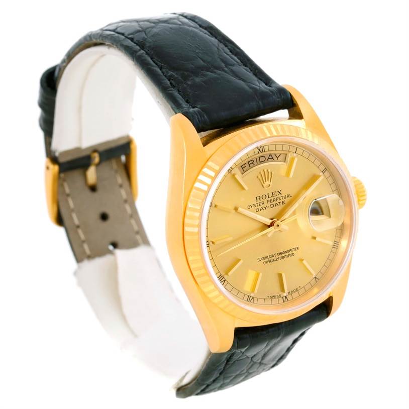 The Rolex President 18038 Men
s Yellow Gold Champagne Dial 18038 Men
s Yellow Gold Champagne Dial model watch is shown at a three-quarter angle, displaying its face, bezel, and leather strap.