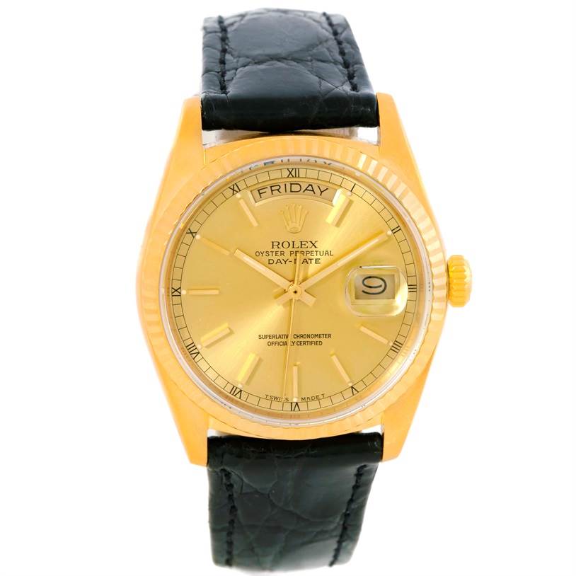 The image shows the front view of a Rolex President 18038 Men
s Yellow Gold Champagne Dial 18038 Men
s Yellow Gold Champagne Dial model watch, displaying the dial, crown, and leather strap.