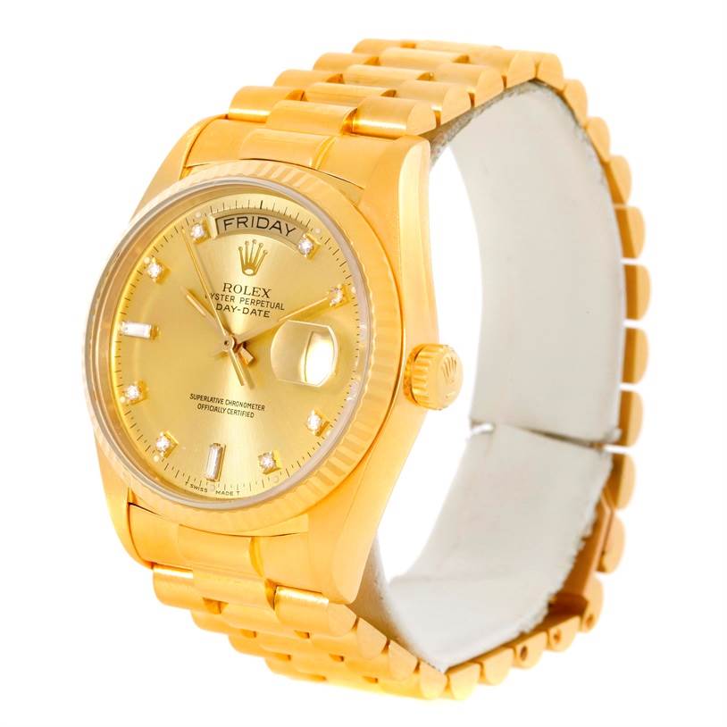 This image shows a Rolex President 18038 Men
s Yellow Gold Champagne Dial 18038 Men
s Yellow Gold Champagne Dial model watch at a slight angle, displaying its face, bezel, crown, and bracelet.