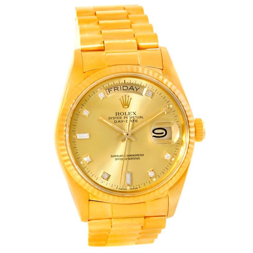 This image shows a front view of the Rolex President 18038 Men
s Yellow Gold Champagne Dial 18038 Men
s Yellow Gold Champagne Dial model watch, displaying the dial, bracelet, and date window.