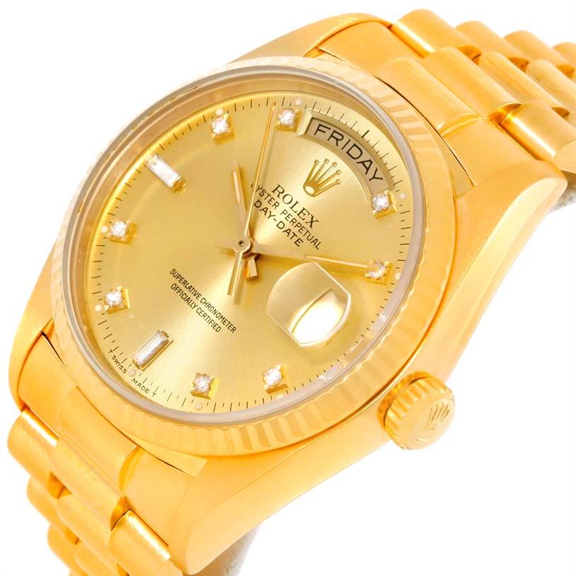 This Rolex President 18038 Men
s Yellow Gold Champagne Dial 18038 Men
s Yellow Gold Champagne Dial model watch is shown from an angled top-down view, highlighting its dial, crown, and part of the bracelet.