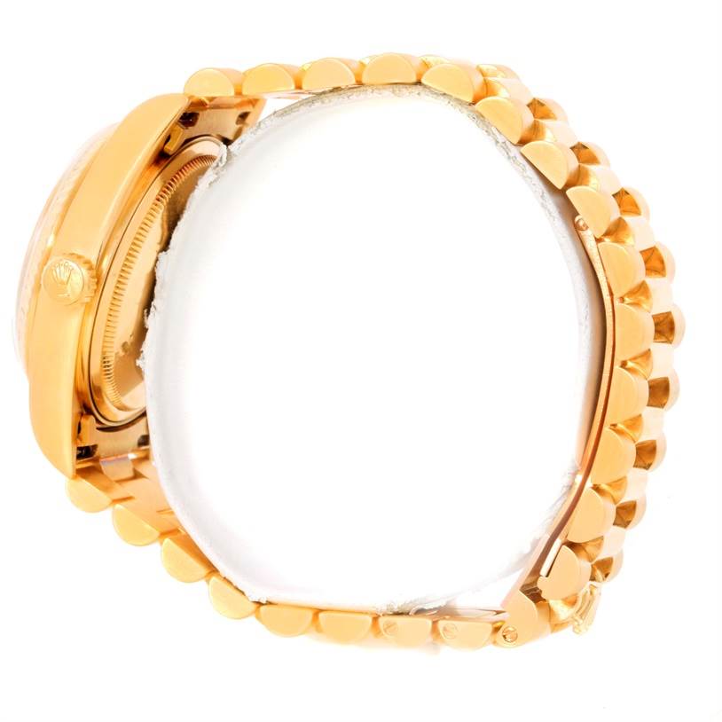 The image shows a side view of the case and bracelet of a Rolex President 18038 Men
s Yellow Gold Champagne Dial 18038 Men
s Yellow Gold Champagne Dial model watch in gold.