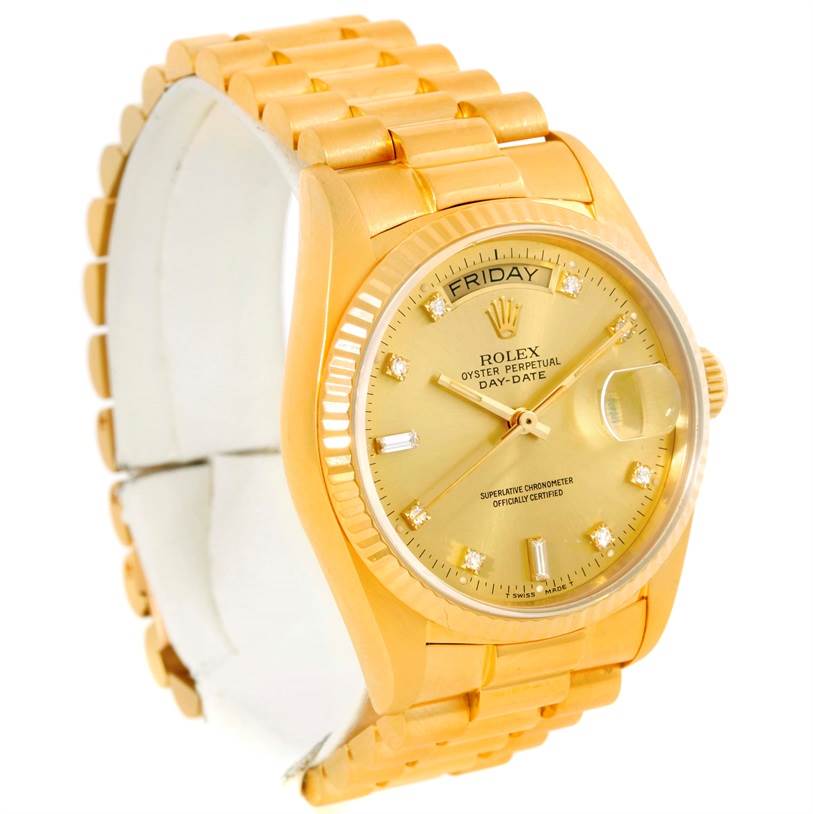 This image showcases the front angle of a Rolex President 18038 Men
s Yellow Gold Champagne Dial 18038 Men
s Yellow Gold Champagne Dial watch, highlighting its gold bracelet, dial, and day-date display.