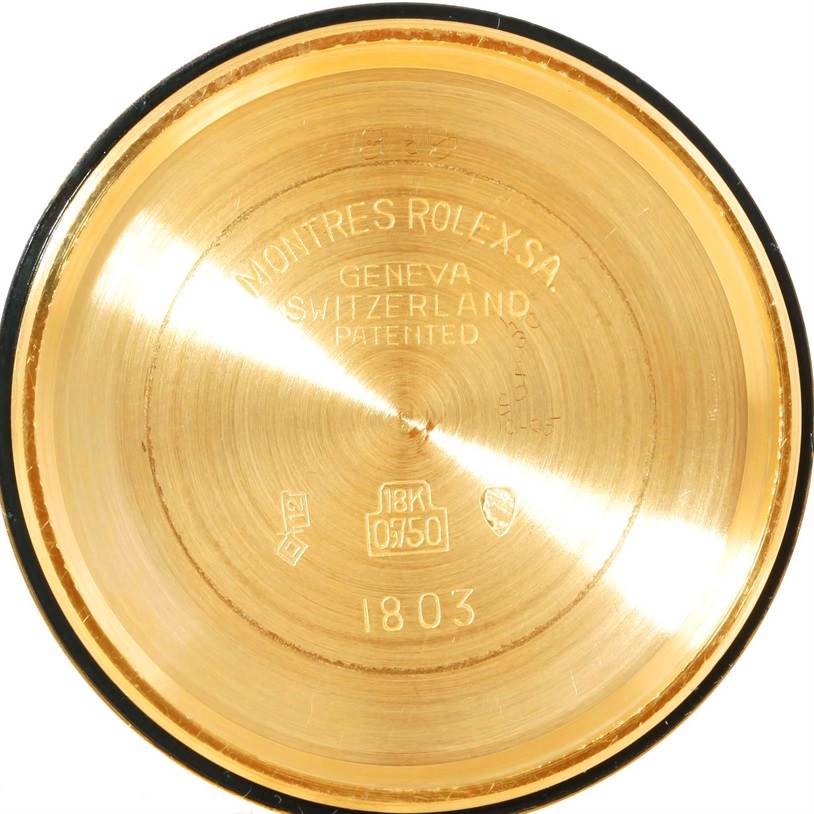 This image shows the inside case back of a Rolex President 1803 Men
s Yellow Gold Champagne Dial 1803 Men
s Yellow Gold Champagne Dial model watch.