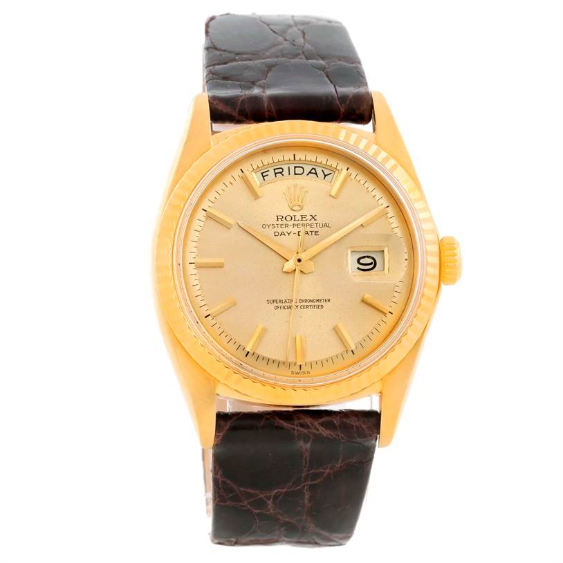 The Rolex President 1803 Men
s Yellow Gold Champagne Dial 1803 Men
s Yellow Gold Champagne Dial model is shown front-on, displaying the dial, bezel, crown, and strap.