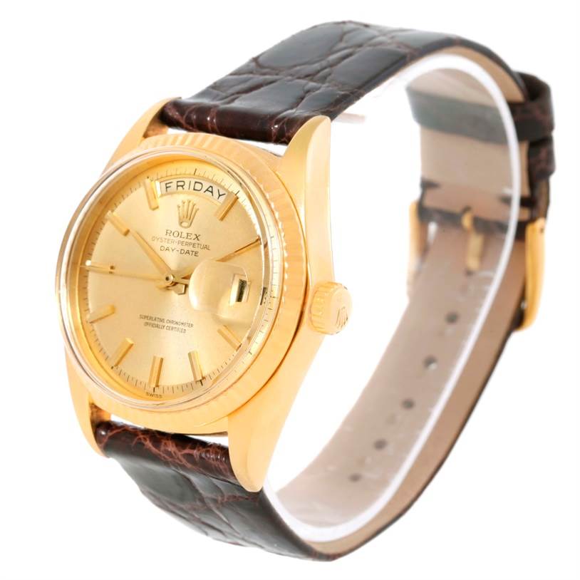 This Rolex President 1803 Men
s Yellow Gold Champagne Dial 1803 Men
s Yellow Gold Champagne Dial model watch is shown from a slightly angled perspective, highlighting the face, crown, and strap.