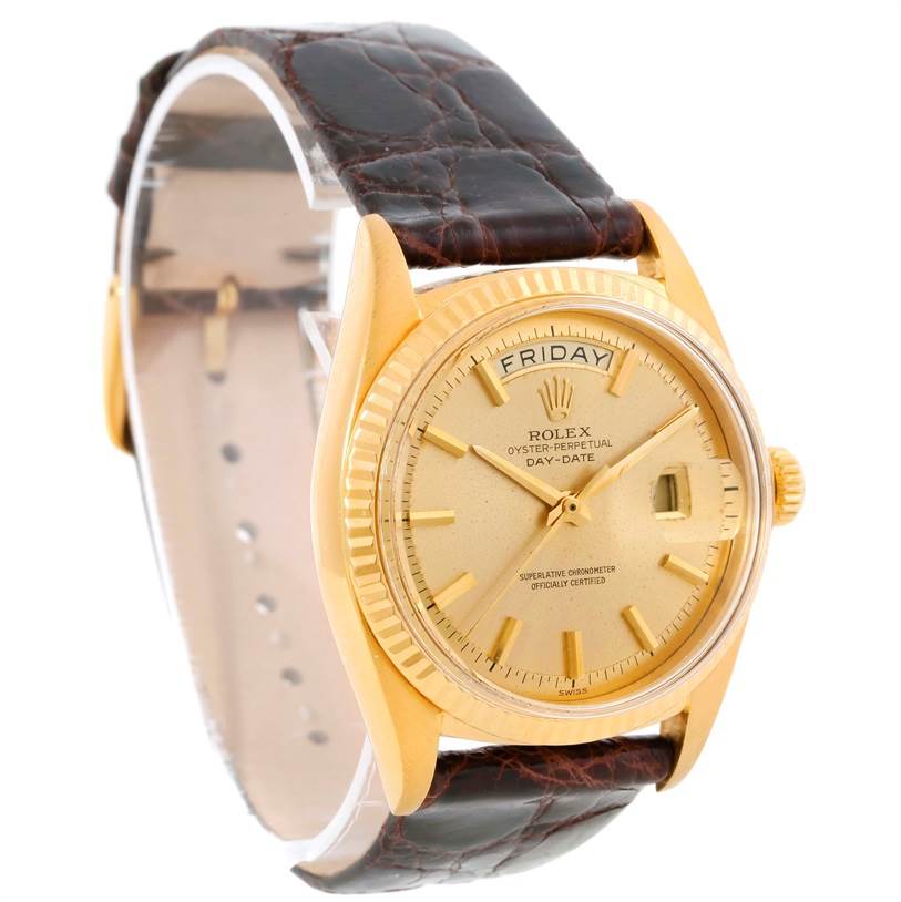 This image shows a Rolex President 1803 Men
s Yellow Gold Champagne Dial 1803 Men
s Yellow Gold Champagne Dial model watch from an angled side view, highlighting the face, bezel, crown, and leather strap.