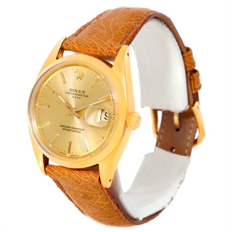 The image shows a Rolex President 1500 Men
s Yellow Gold Champagne Dial 1500 Men
s Yellow Gold Champagne Dial model with a close-up side angle, displaying the dial, bezel, crown, and leather strap.