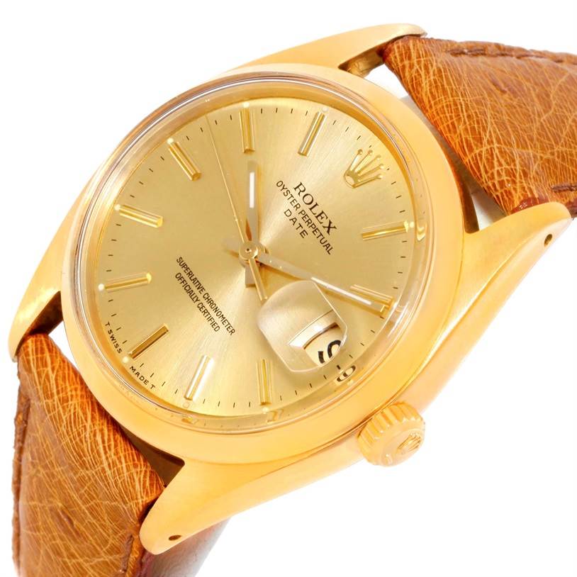 The image shows a side-angled view of the Rolex President 1500 Men
s Yellow Gold Champagne Dial 1500 Men
s Yellow Gold Champagne Dial model watch, focusing on its face, crown, and leather strap.
