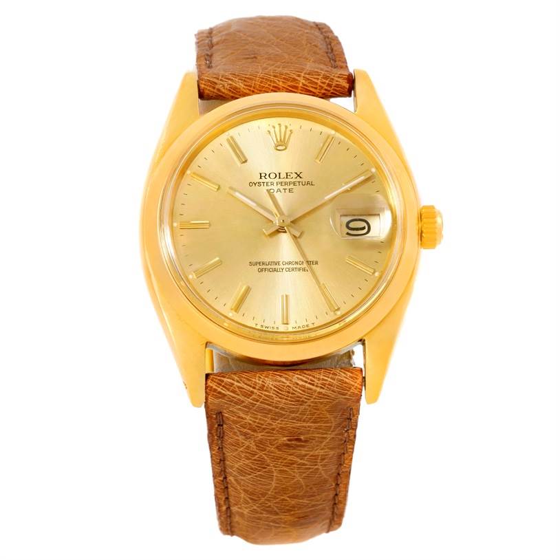 The Rolex President 1500 Men
s Yellow Gold Champagne Dial 1500 Men
s Yellow Gold Champagne Dial model watch is shown from the front, displaying the face, hands, bezel, and brown leather strap.