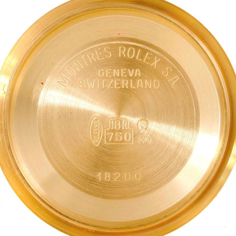 This image shows the inner side of the case back of a Rolex President 18238 Men
s Yellow Gold Champagne Dial 18238 Men
s Yellow Gold Champagne Dial model watch.