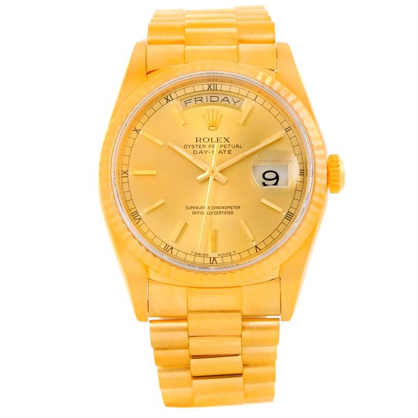 The image shows a front view of a Rolex President 18238 Men
s Yellow Gold Champagne Dial 18238 Men
s Yellow Gold Champagne Dial model watch, displaying its dial, bracelet, and day-date features.