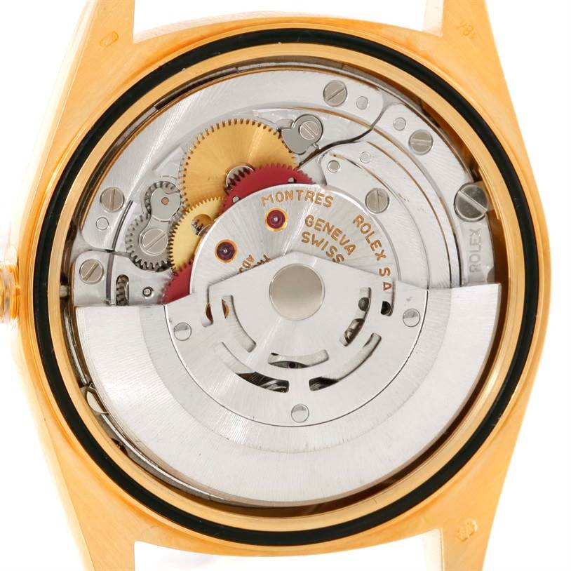 This image shows the internal movement mechanism of the Rolex President 18238 Men
s Yellow Gold Champagne Dial 18238 Men
s Yellow Gold Champagne Dial model from a back angle with the case removed.