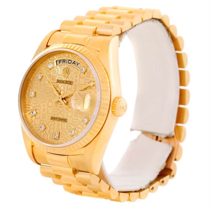 This image shows a Rolex President 18038 Men
s Yellow Gold Champagne Dial 18038 Men
s Yellow Gold Champagne Dial model watch at an oblique angle, highlighting the face, bezel, crown, and bracelet.