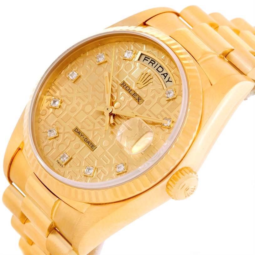 A Rolex President 18038 Men
s Yellow Gold Champagne Dial 18038 Men
s Yellow Gold Champagne Dial watch is shown at an angle highlighting the gold face, day-date display, diamond markers, and matching bracelet.