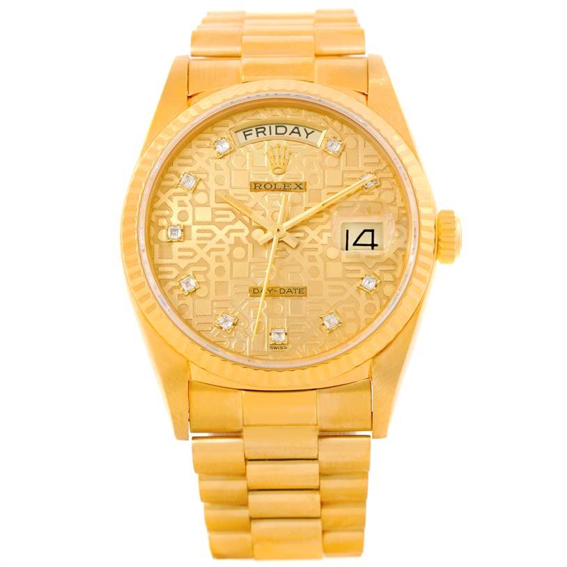 The Rolex President 18038 Men
s Yellow Gold Champagne Dial 18038 Men
s Yellow Gold Champagne Dial model watch is shown from a front angle, highlighting its face, bracelet, and crown.