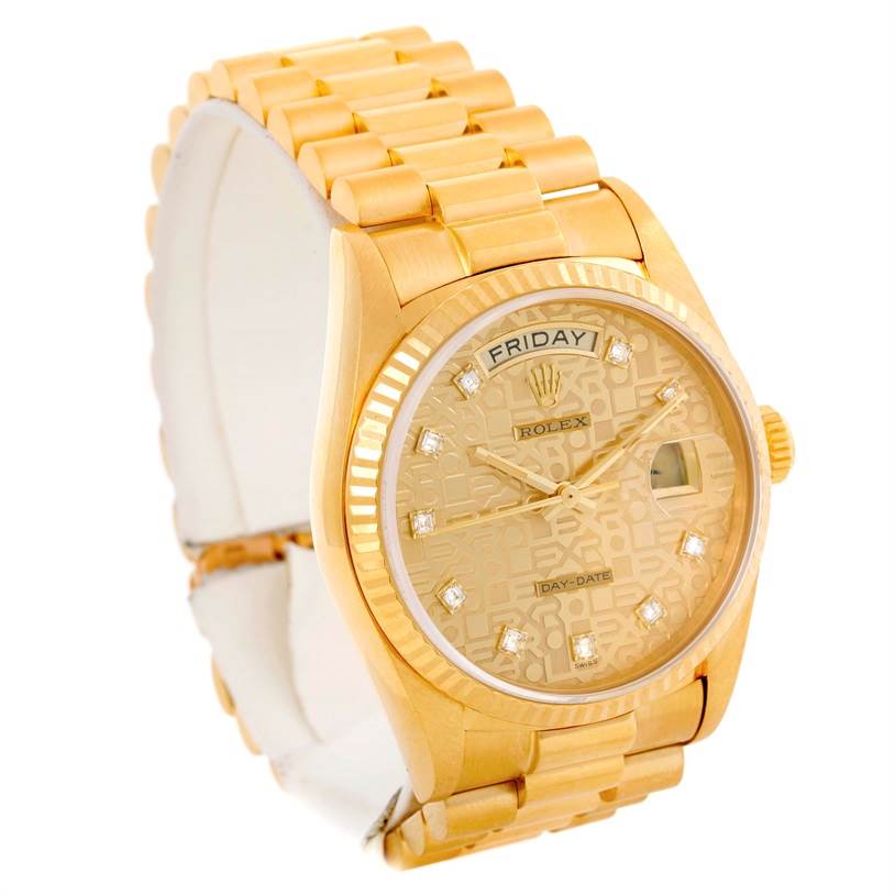 The Rolex President 18038 Men
s Yellow Gold Champagne Dial 18038 Men
s Yellow Gold Champagne Dial model watch is shown at a three-quarter angle, displaying the face, bracelet, and crown.