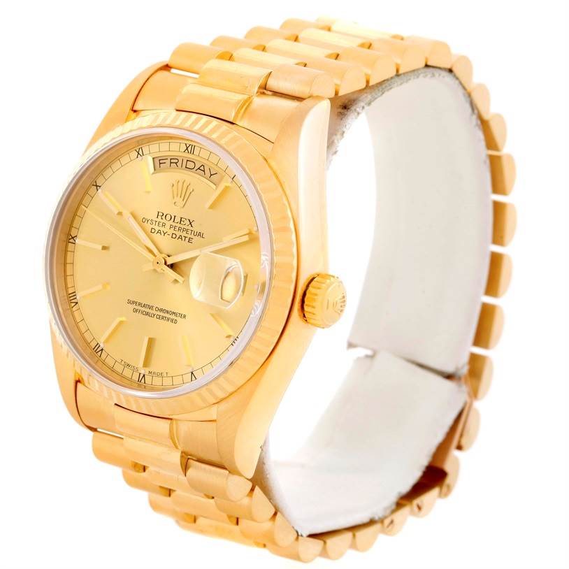 The image shows a Rolex President 18038 Men
s Yellow Gold Champagne Dial 18038 Men
s Yellow Gold Champagne Dial model watch from an angled view, highlighting its bracelet, crown, and dial with day and date indicators.