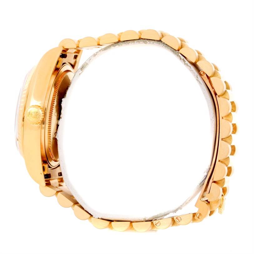 The image shows a side view of a Rolex President 18038 Men
s Yellow Gold Champagne Dial 18038 Men
s Yellow Gold Champagne Dial model watch, highlighting its gold case and bracelet.