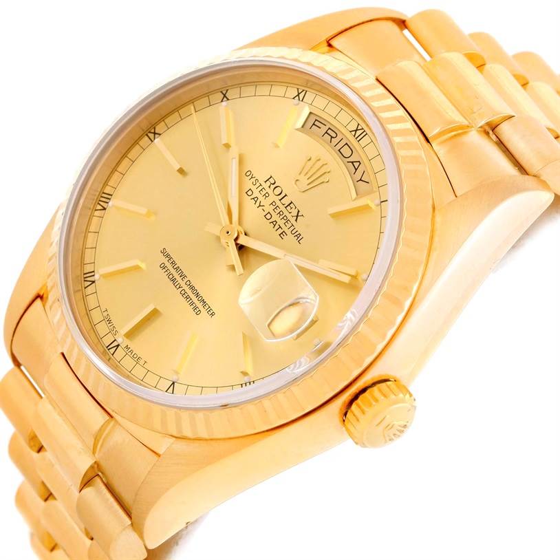 This image shows a close-up angle of the Rolex President 18038 Men
s Yellow Gold Champagne Dial 18038 Men
s Yellow Gold Champagne Dial model, highlighting its dial, bezel, crown, and part of the bracelet.