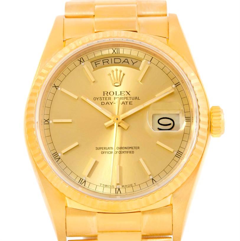 This image shows a frontal view of the Rolex President 18038 Men
s Yellow Gold Champagne Dial 18038 Men
s Yellow Gold Champagne Dial model watch, highlighting its gold casing, dial, and bracelet.