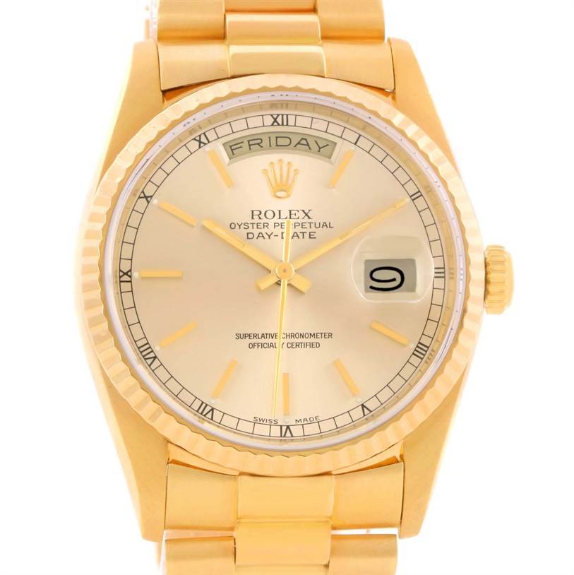 Rolex President Day Date Mens 18k Yellow Gold Baton Dial Watch 18238 ...