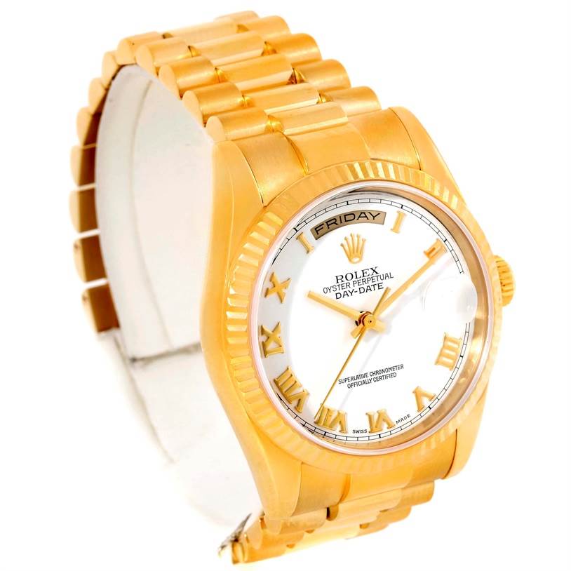The image shows a Rolex President 118238 Men
s Yellow Gold White Dial 118238 Men
s Yellow Gold White Dial Day-Date watch displaying the face, bezel, and a portion of the band from a front and slightly angled side view.