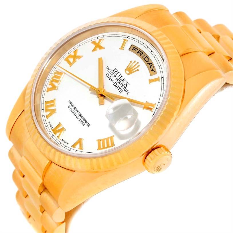 The image shows a Rolex President 118238 Men
s Yellow Gold White Dial 118238 Men
s Yellow Gold White Dial model watch at an angled view, displaying the face, dial, and part of the strap.