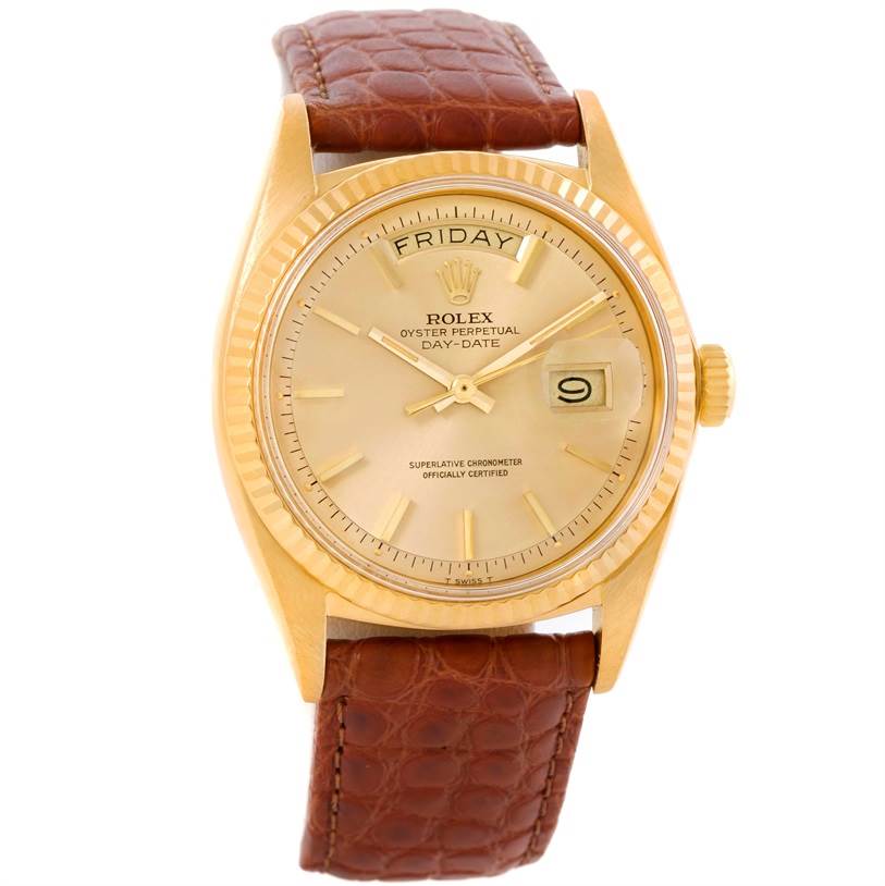 This image shows a Rolex President 1803 Men
s Yellow Gold Champagne Dial 1803 Men
s Yellow Gold Champagne Dial model watch from a direct front angle, focusing on its dial, bezel, and leather strap.