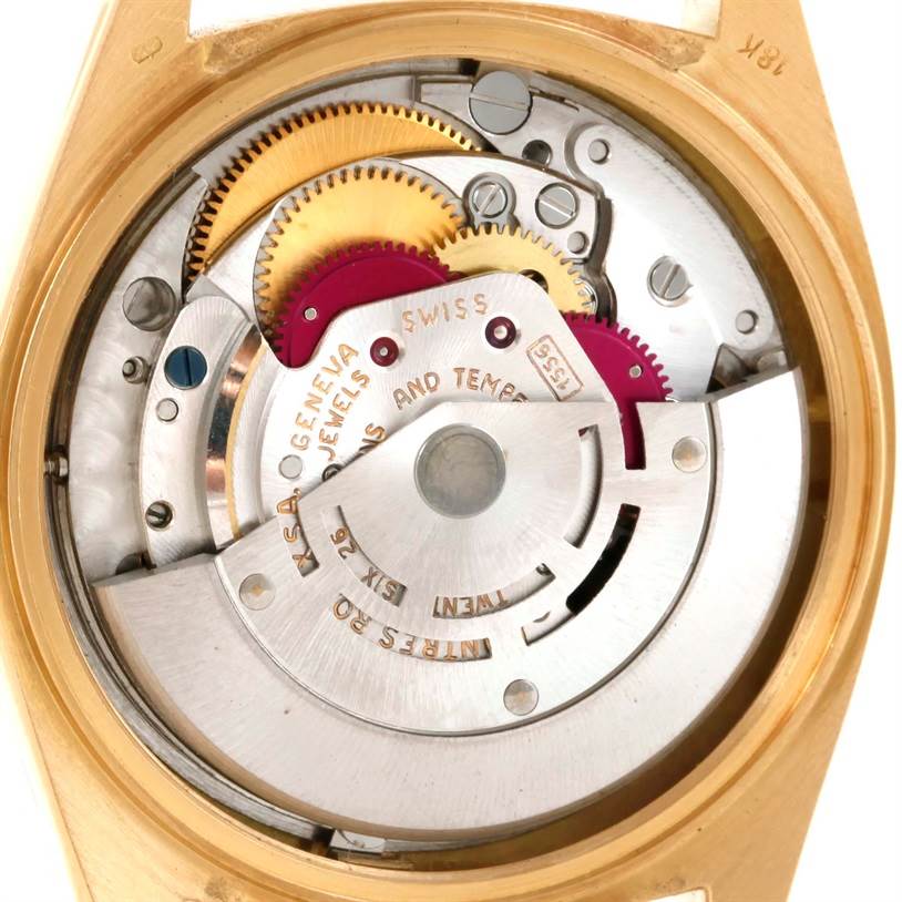 This is a close-up view of the Rolex President 1803 Men
s Yellow Gold Champagne Dial 1803 Men
s Yellow Gold Champagne Dial model, showcasing the intricate internal movement components.