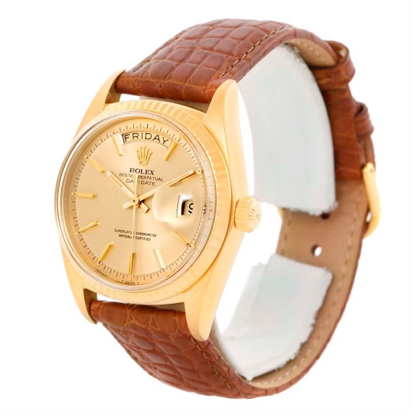 The Rolex President 1803 Men
s Yellow Gold Champagne Dial 1803 Men
s Yellow Gold Champagne Dial model watch is shown at a slight angle, featuring the dial, crown, and brown leather strap.