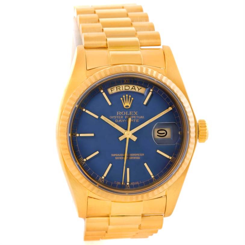 This image shows a frontal view of the Rolex President 18038 Men's Yellow Gold Blue Dial 18038 Men's Yellow Gold Blue Dial model watch, highlighting the face, dial, and bracelet.